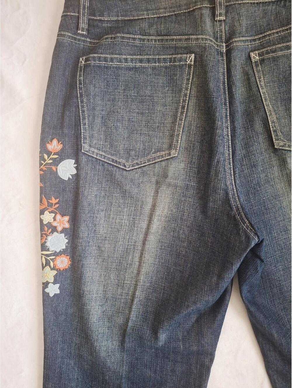 Talbots  Embroidered Floral Distressed Wide-Leg Stretch Blue Jeans  Women's 14 - Picture 6 of 9